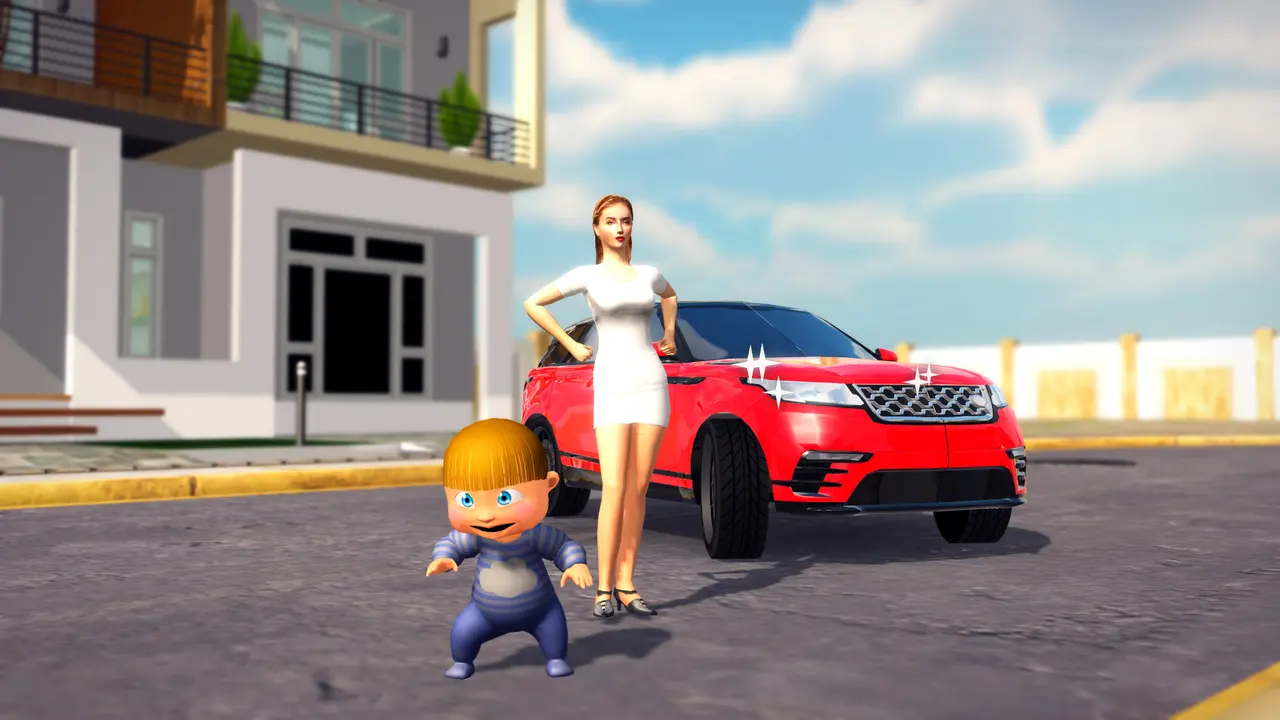 A mother and her toddler beside a red car outside their home